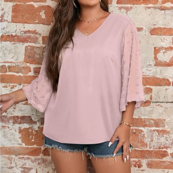 Plus size black Swiss dot sleeve V neck blouse - Picture 14 of 16